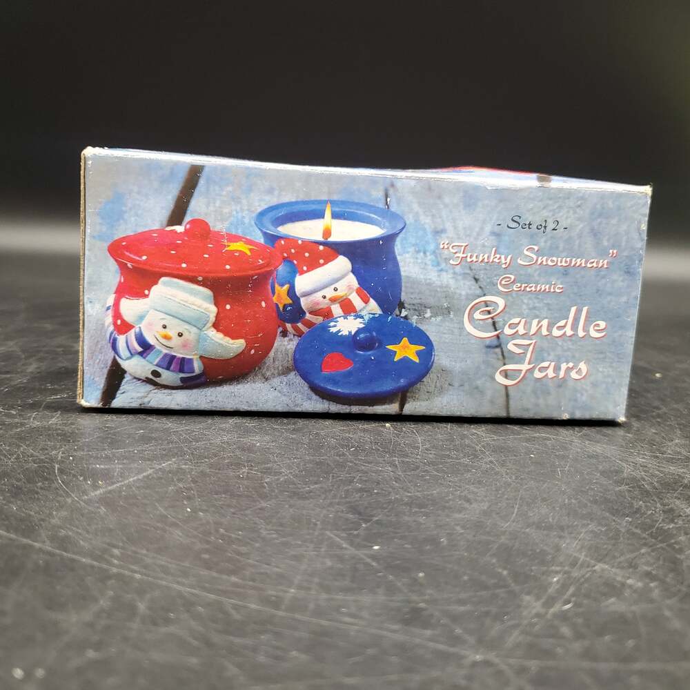 Funky Snowman Ceramic Candle Jars Set of 2 Christmas Tea Light Holders NOS